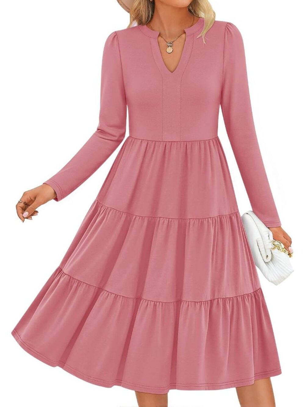 🆕Women's Pink Long Sleeve V Neck Loose Fit Flowy A LINE Ruffle MIDI Dress
